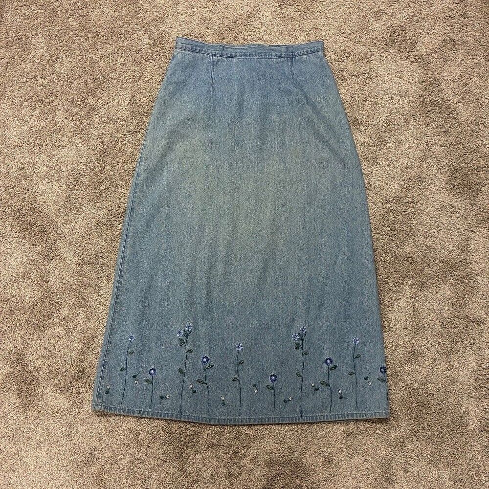 VTG Christopher Banks 90s Denim Maxi Skirt 12 Blue Embroidered Floral Cottage